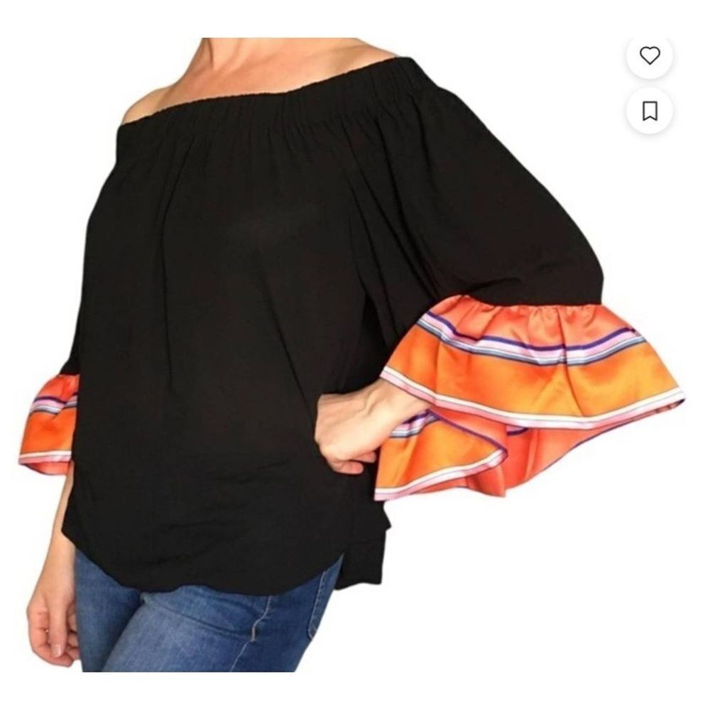 Soft Surroundings gameday Oversized Black Top with Orange & Blue Flare Sleeve XS